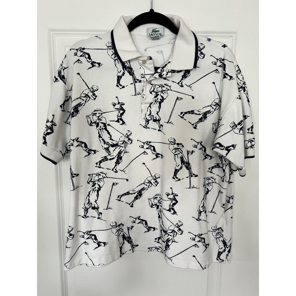 Men’s Lacoste Polo Shirt White & Blue Golfer Print Large EUC